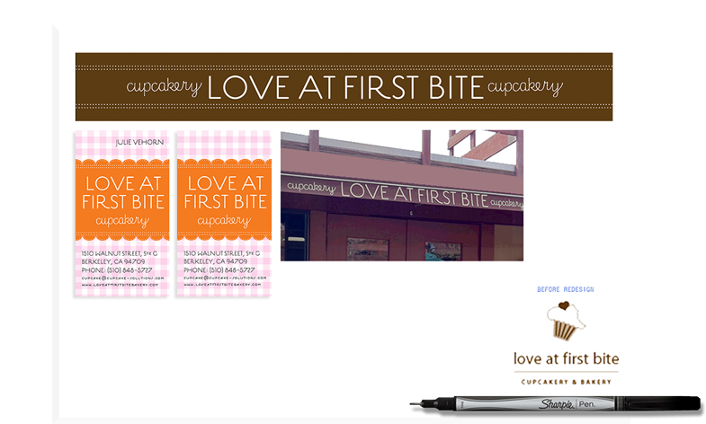 Love at First Bite — A new owner needed to revamp the identity of the cupcake shop: I created a design that reflects the proprietor's sophistication and delight in high-quality innocent pleasures and retail experiences. (Identity system design and application.)